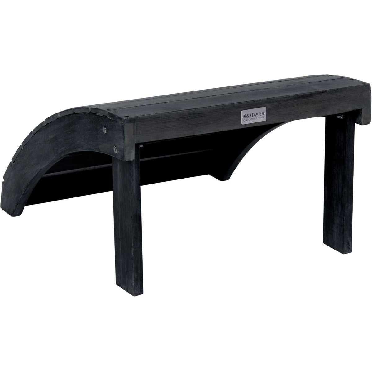 Dark slate gray legs and an arched wood frame support the slatted footrest