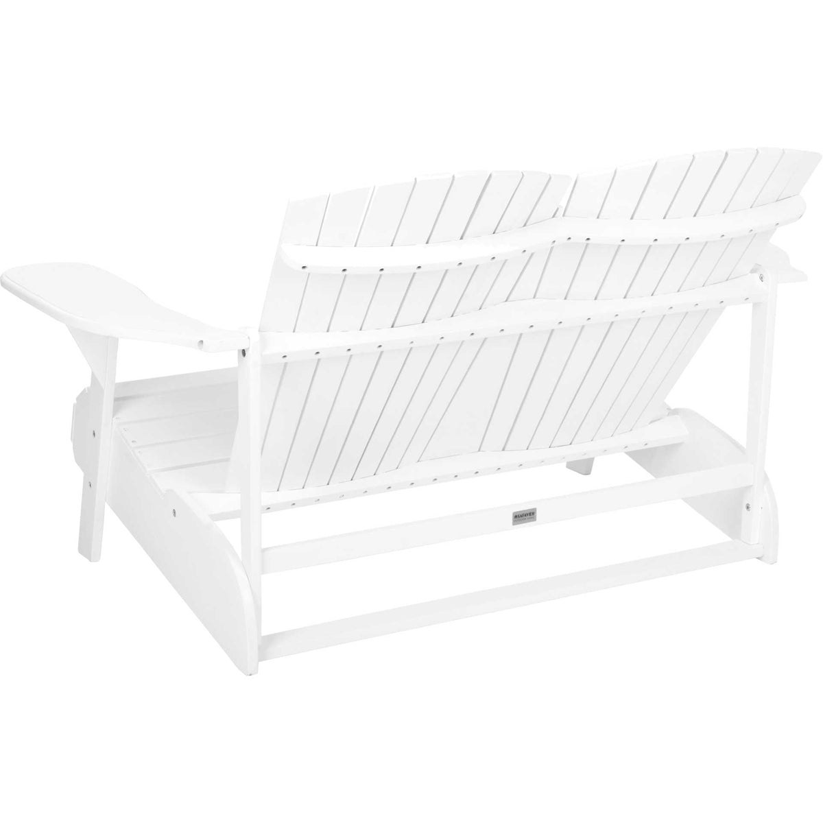 White Adirondack bench with angled slatted backs and sturdy crossbar supports