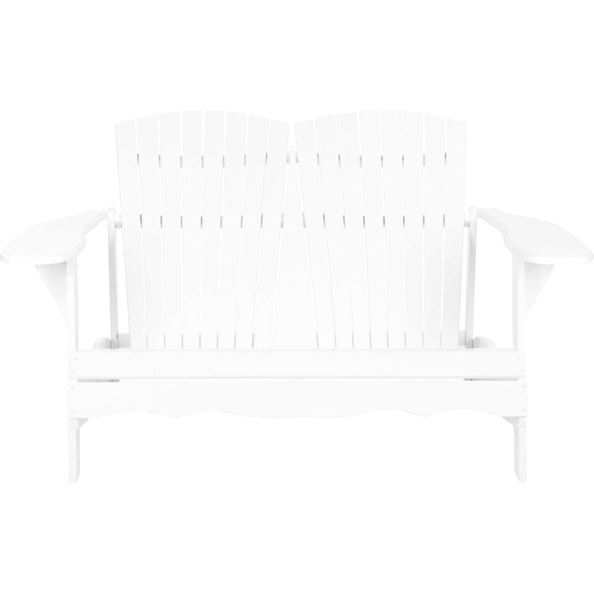 White wood outdoor loveseat with two tall slatted backs and gently contoured armrests || PAT6702B || front_studio