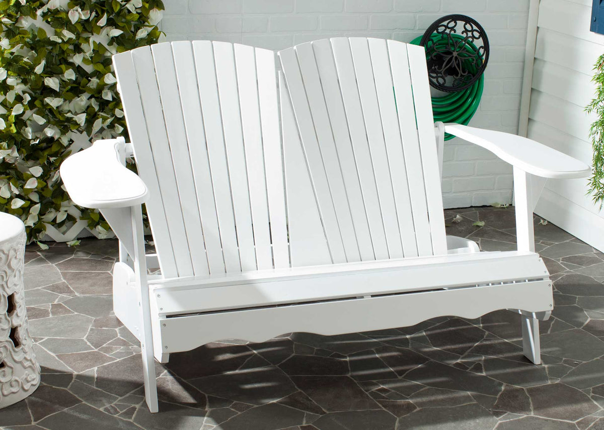 Crisp white outdoor loveseat with paired fan-shaped backs and wide arms for patio relaxation
