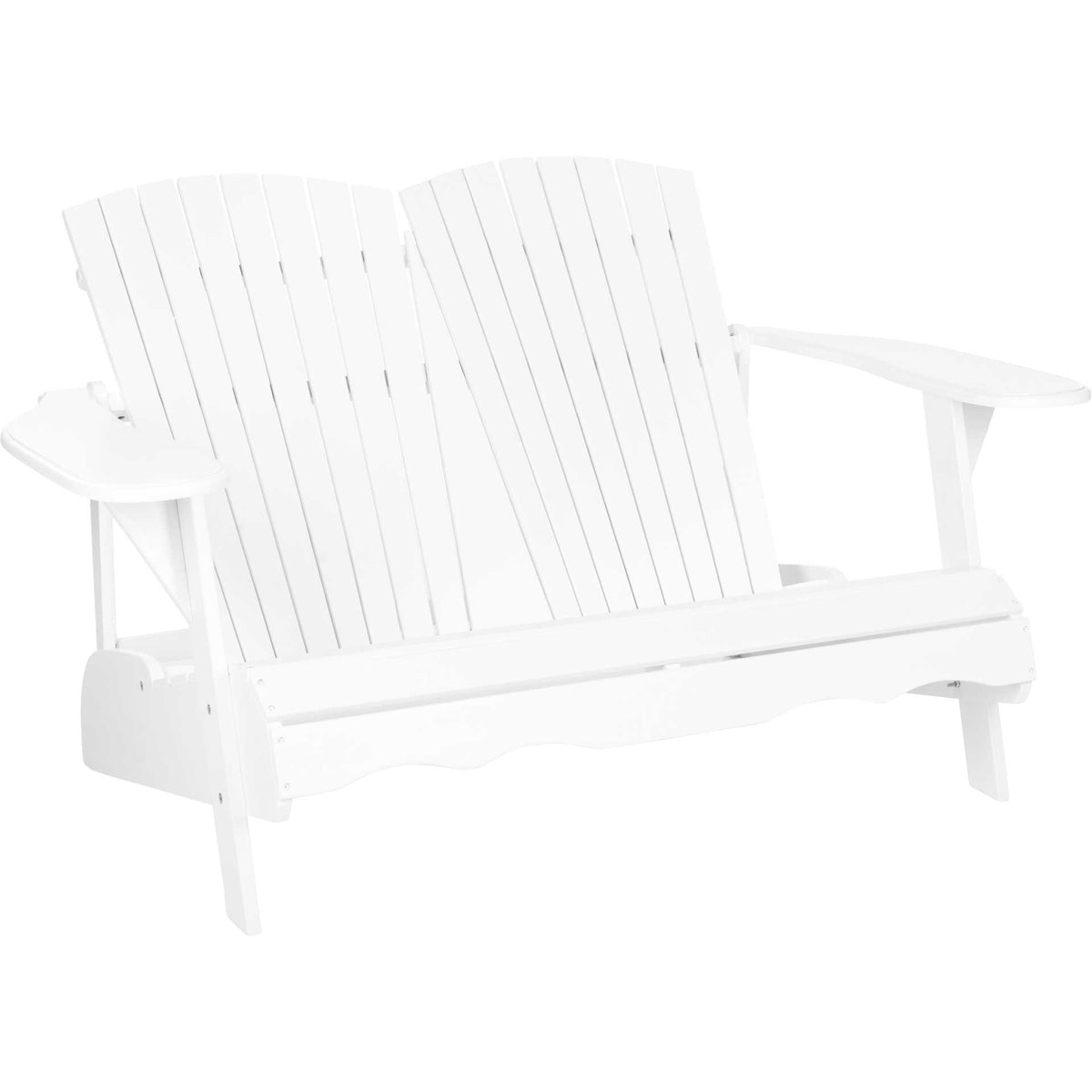 White Adirondack loveseat with twin slatted backrests, a sloped seat, and broad armrests || PAT6702B || front_angle_studio