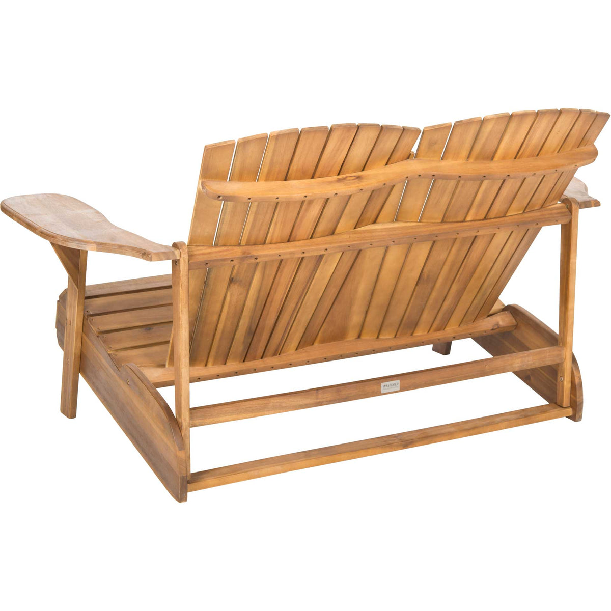 Natural-finish Adirondack bench with angled slatted backs and sturdy wooden support rails