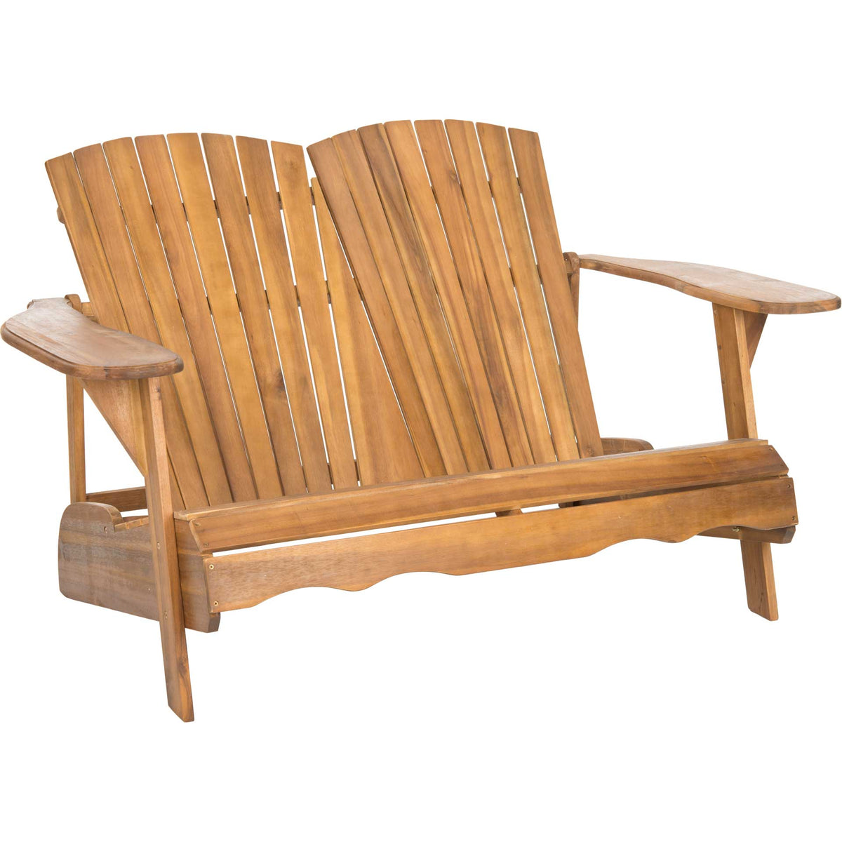 Natural acacia Adirondack loveseat with paired slatted backs and wide, gently curved arms || PAT6702C || front_angle_studio