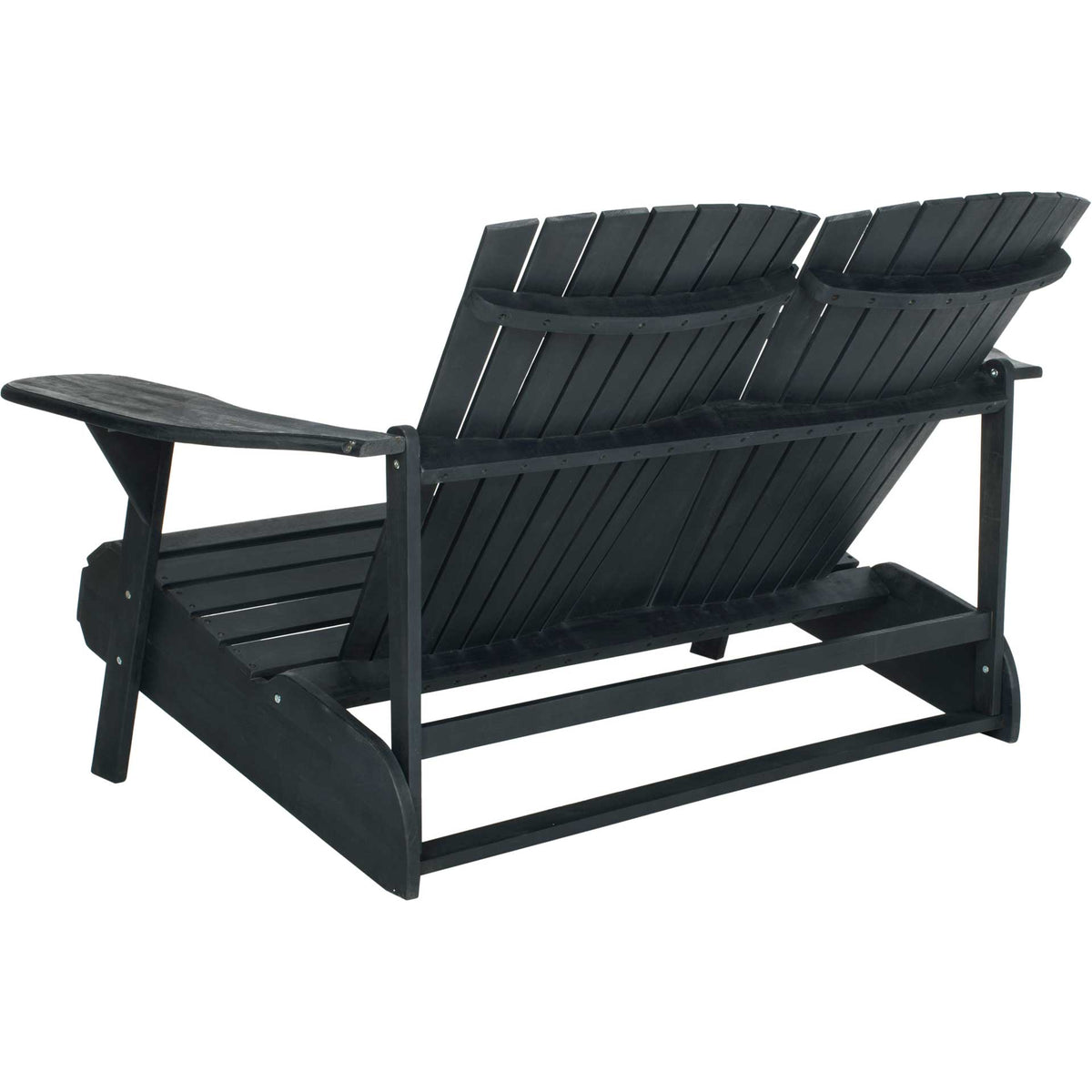 Dark slate gray wood loveseat with angled backrests, wide arms, and open rear support rails
