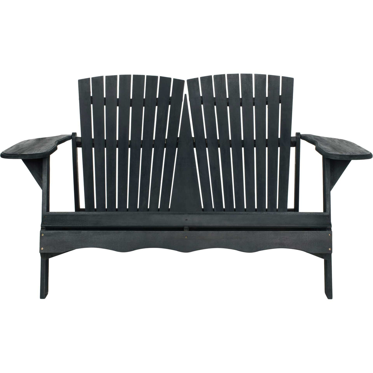 Dark slate gray wood bench with twin slatted backrests and broad armrests for two || PAT6702K || front_studio