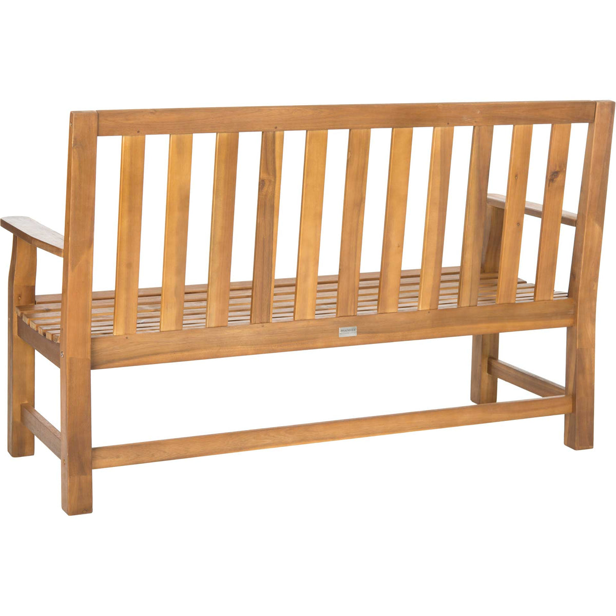Natural acacia bench highlights its open back slats and solid support rails beneath the seat.