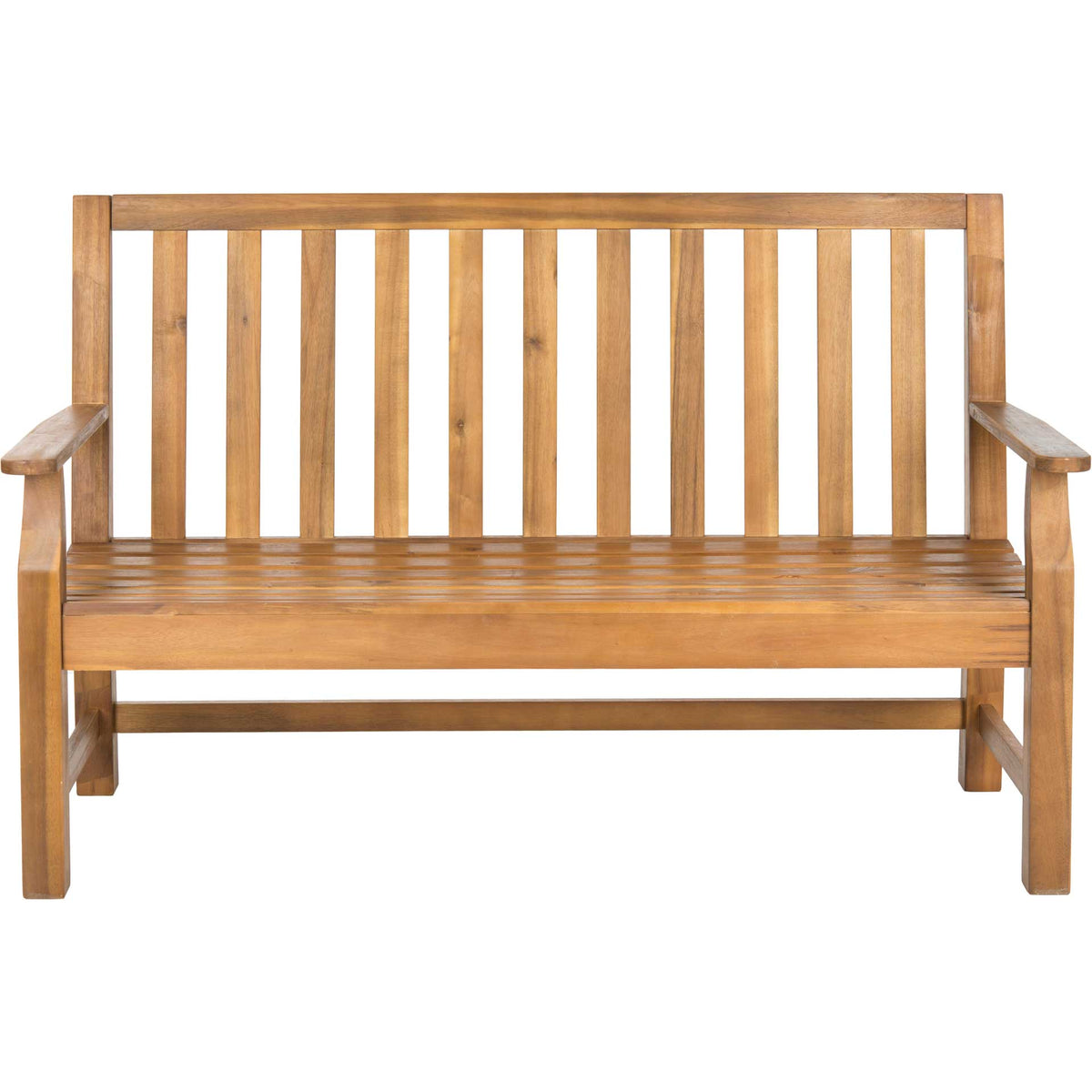 Natural wood garden bench has an open slatted back, ample seat, and wide armrests. || PAT6703B || front_studio