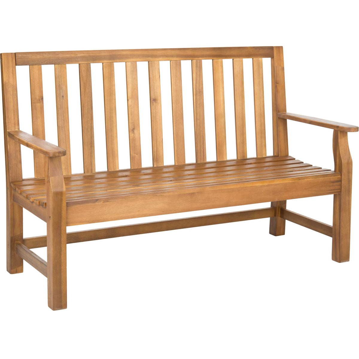 Natural acacia bench pairs warm wood grain with a slatted seat, high back, and gently shaped arms. || PAT6703B || front_angle_studio