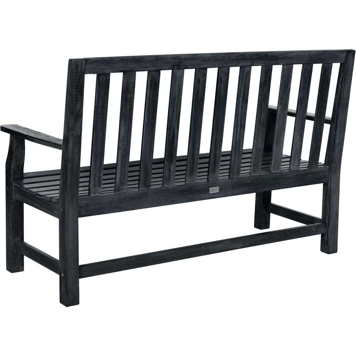 Dark slate gray bench features upright back slats and supportive lower rails.