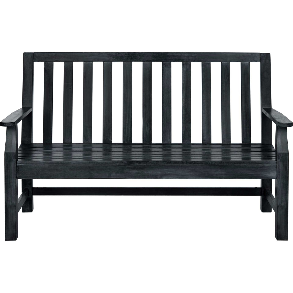 Dark slate gray bench has a crisp slatted silhouette, open armrests, and a spacious seat. || PAT6703K || front_studio