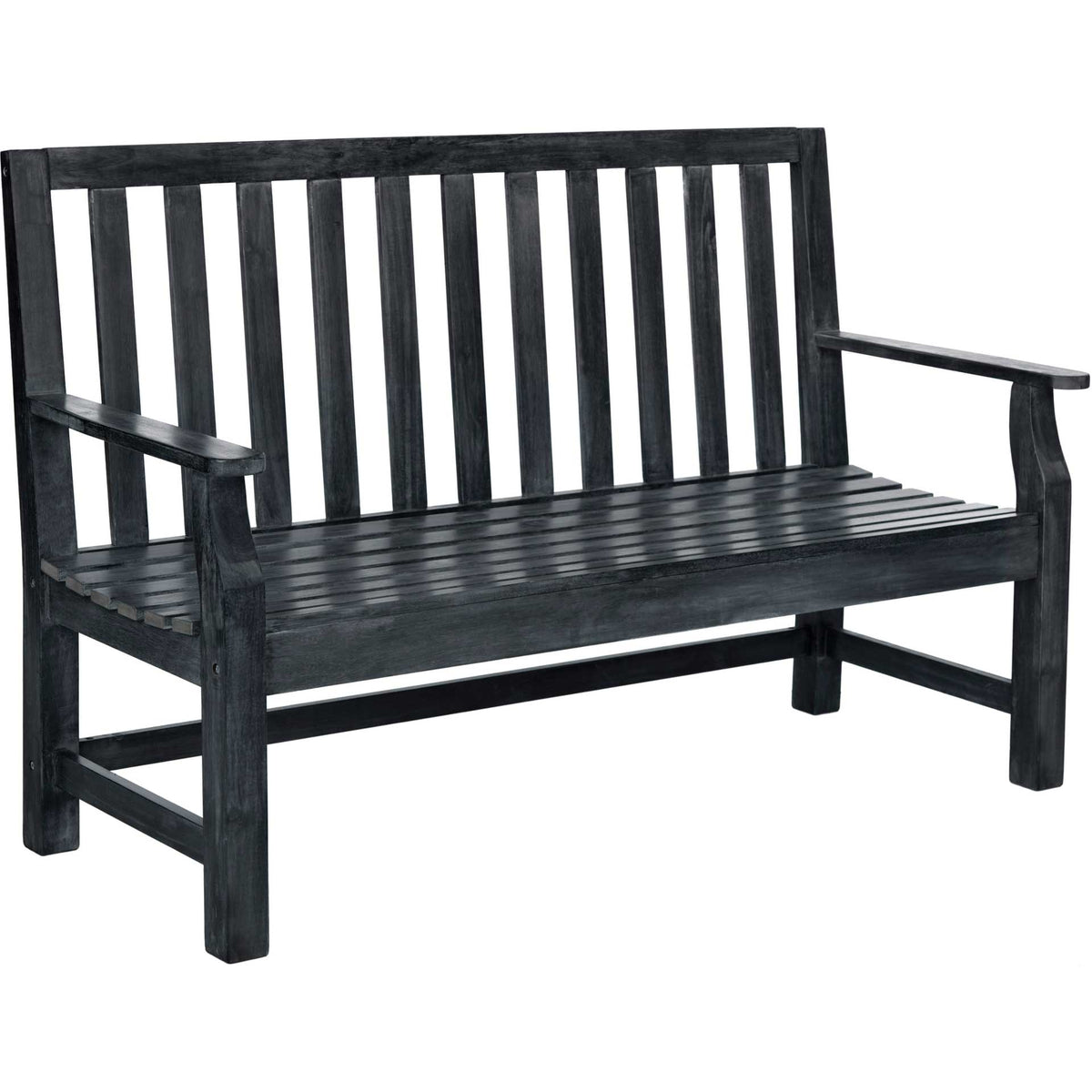 Dark slate gray acacia bench pairs a broad slatted seat with a tall back and shaped arm supports. || PAT6703K || front_angle_studio