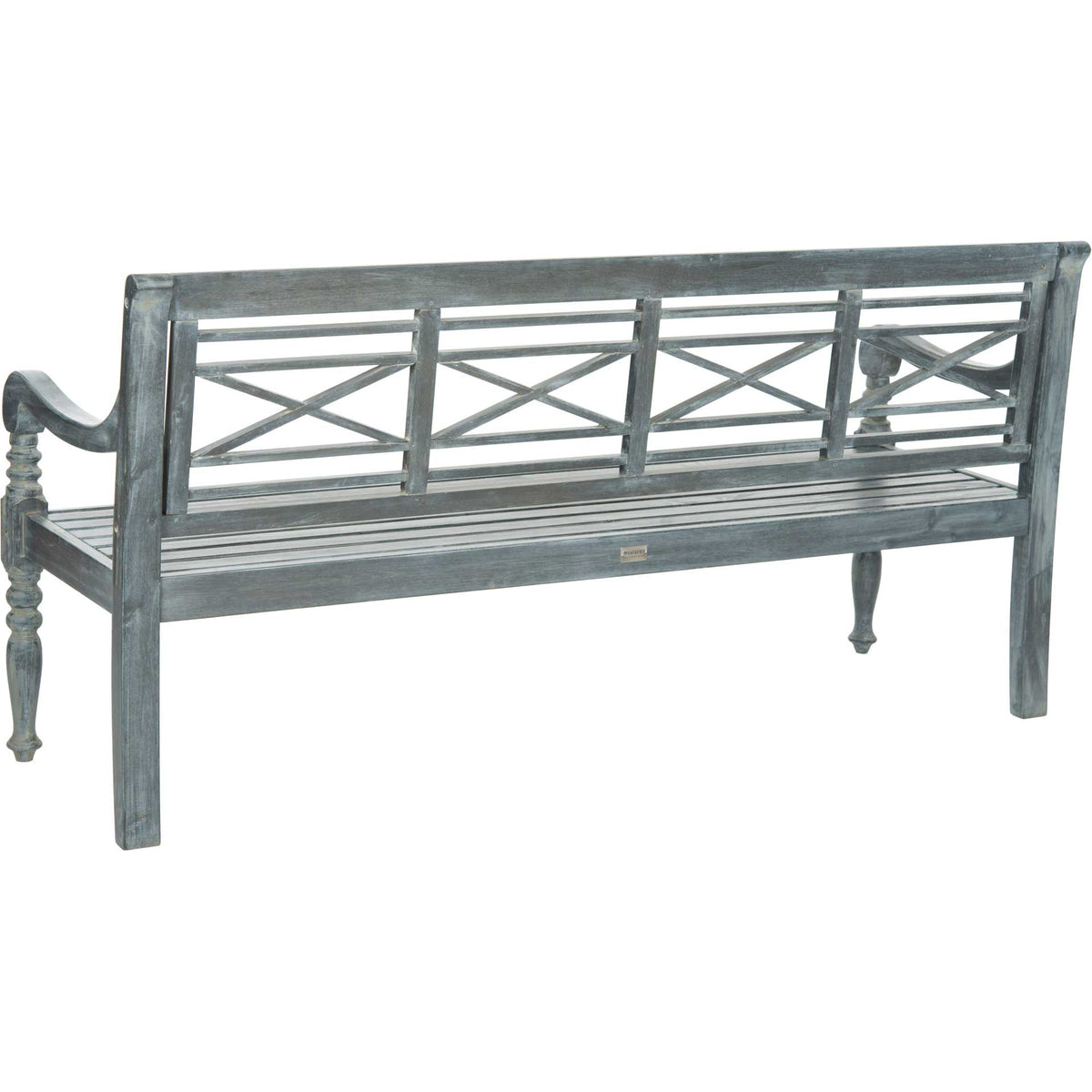 Open lattice backrest and slatted wood seat bring airy charm to this ash gray outdoor bench