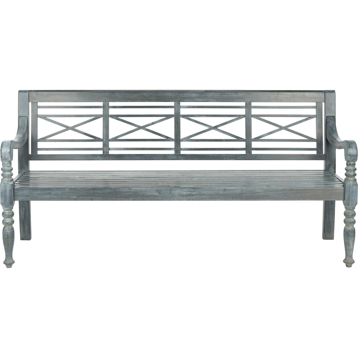 Classic ash gray garden bench features four cross-braced back panels and turned front legs || PAT6704A || front_studio