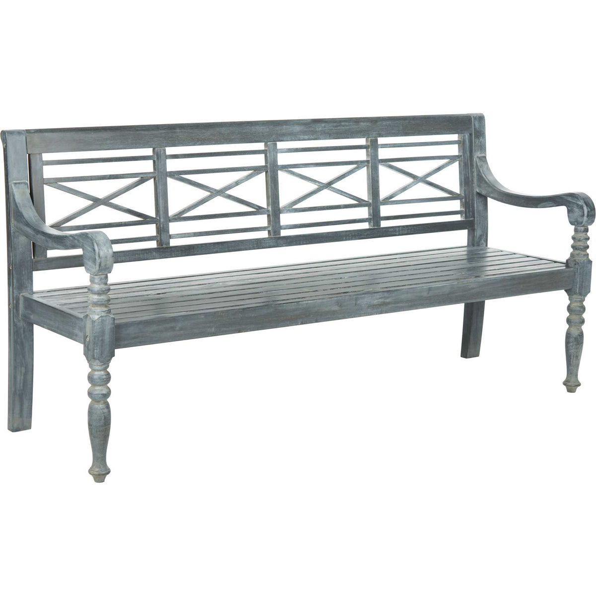 Ash gray acacia bench pairs a slatted seat with crossed latticework and graceful curved arms || PAT6704A || front_angle_studio