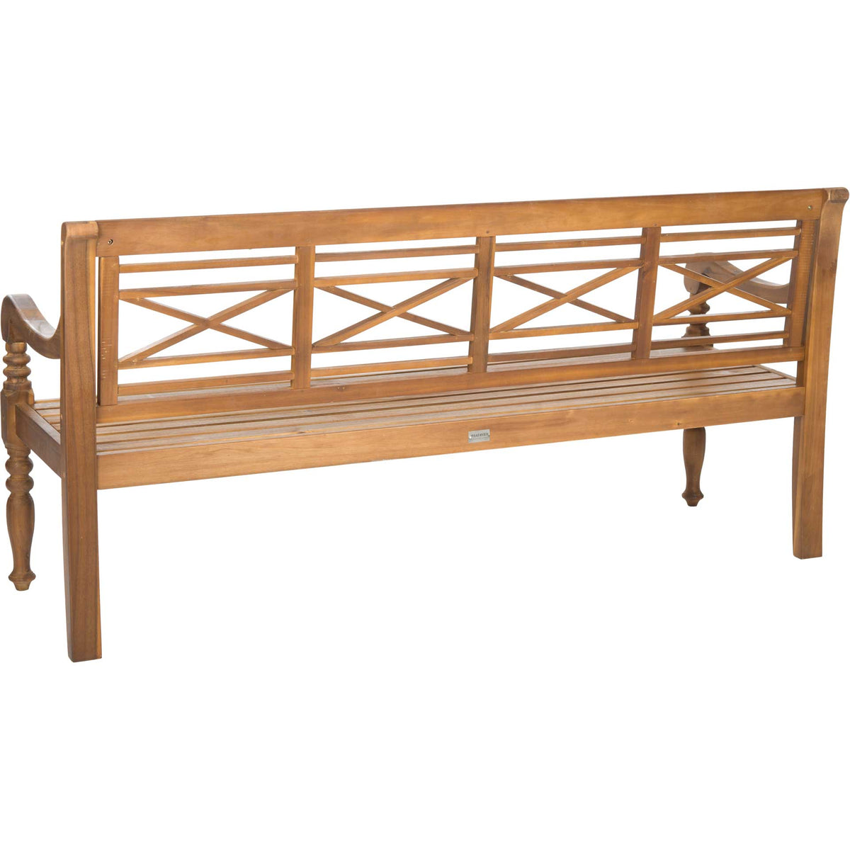 Cross-braced backrest and slatted seating lend airy detail to this natural wood garden bench