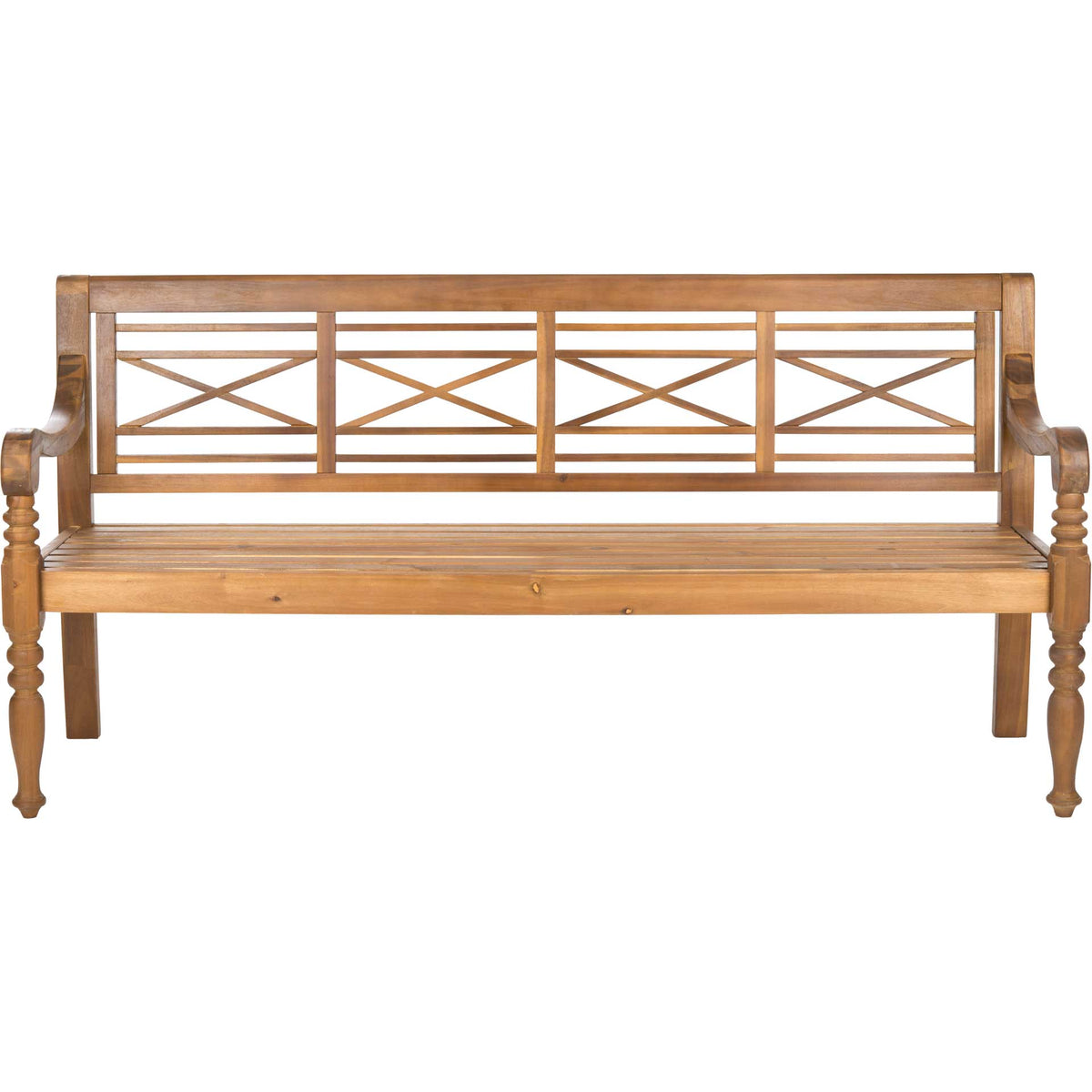 Warm natural wood finish highlights four X-pattern back panels and a long slatted seat || PAT6704B || front_studio