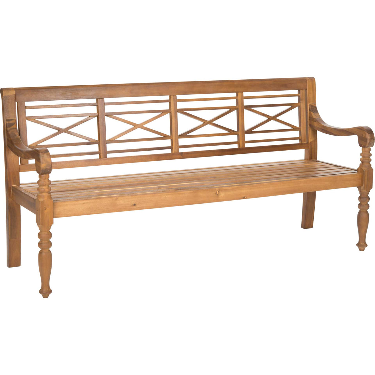 Natural acacia wood bench blends a crosshatched back with sculpted arms and turned legs || PAT6704B || front_angle_studio