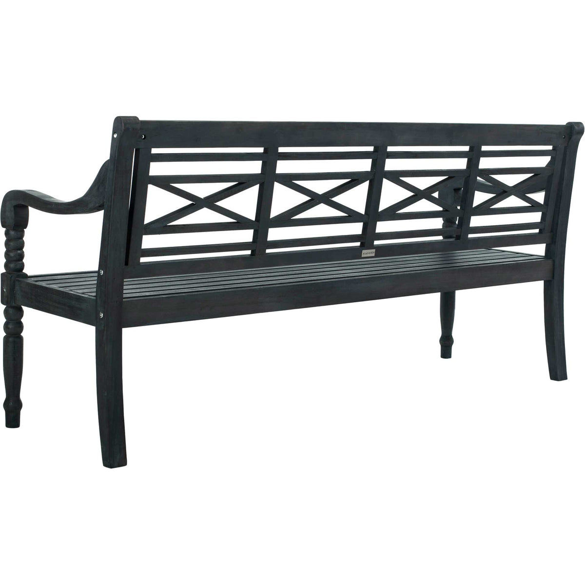 Open latticework and horizontal slats give the dark slate gray bench an airy, classic feel