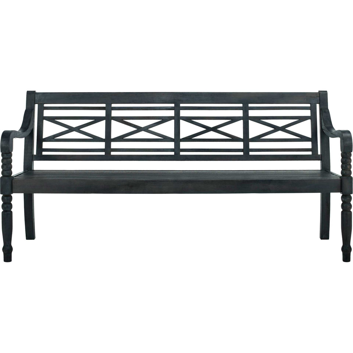 Wide dark slate gray bench showcases four X-pattern back panels and a slatted seat || PAT6704K || front_studio