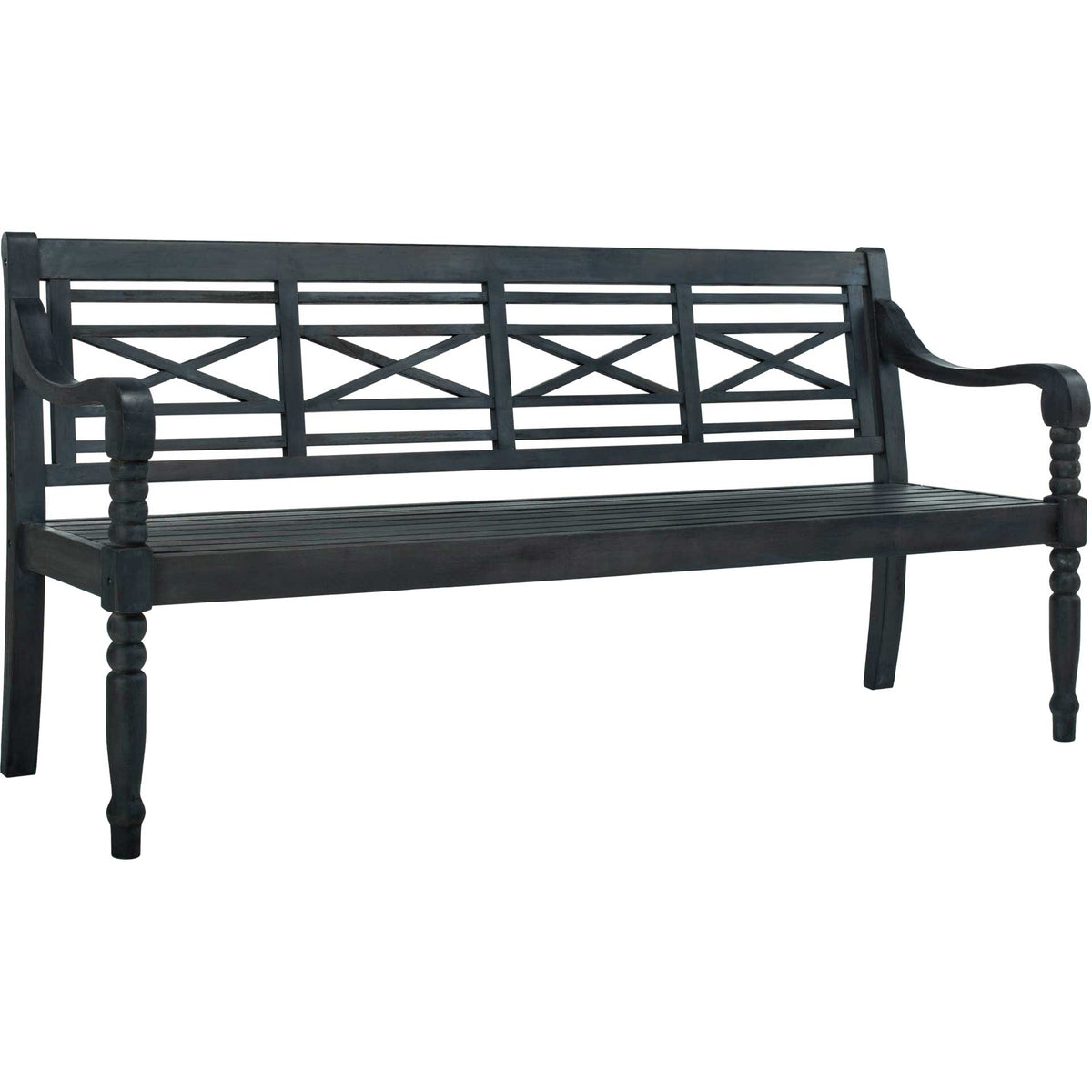 Dark slate gray wood bench combines crossed back panels, curved arms, and turned legs || PAT6704K || front_angle_studio