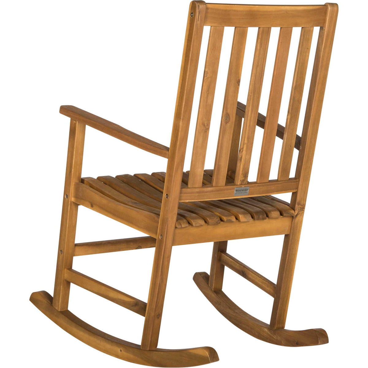 Natural acacia grain warms the tall slatted back, straight arms, and curved runners of this rocker.