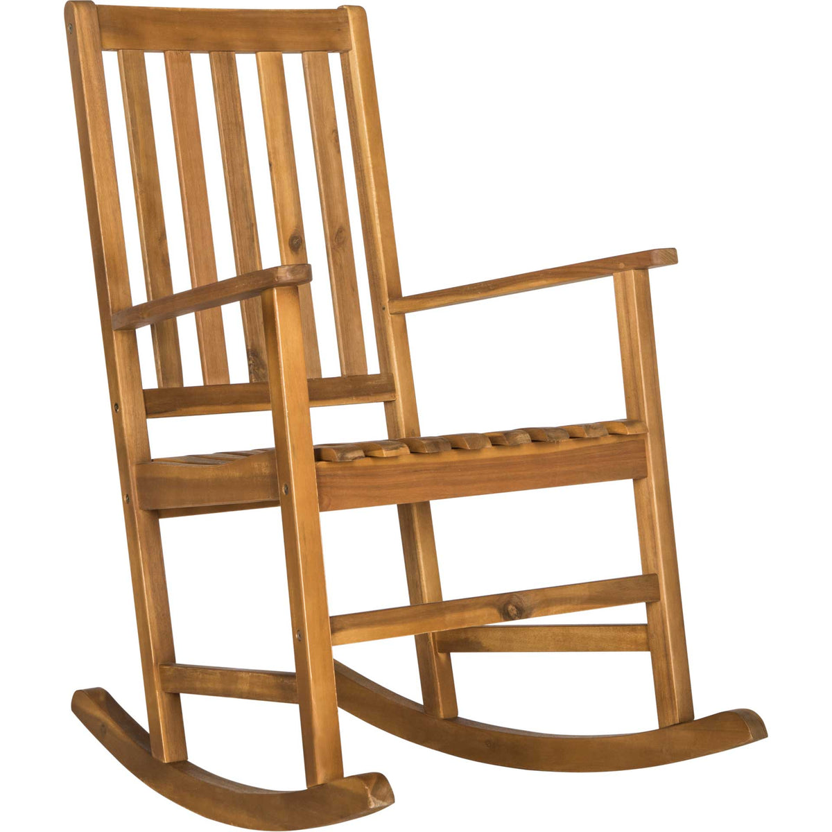 Natural acacia wood rocker combines warm grain, a slatted seat and back, and smoothly curved runners. || PAT6707A || front_angle_studio