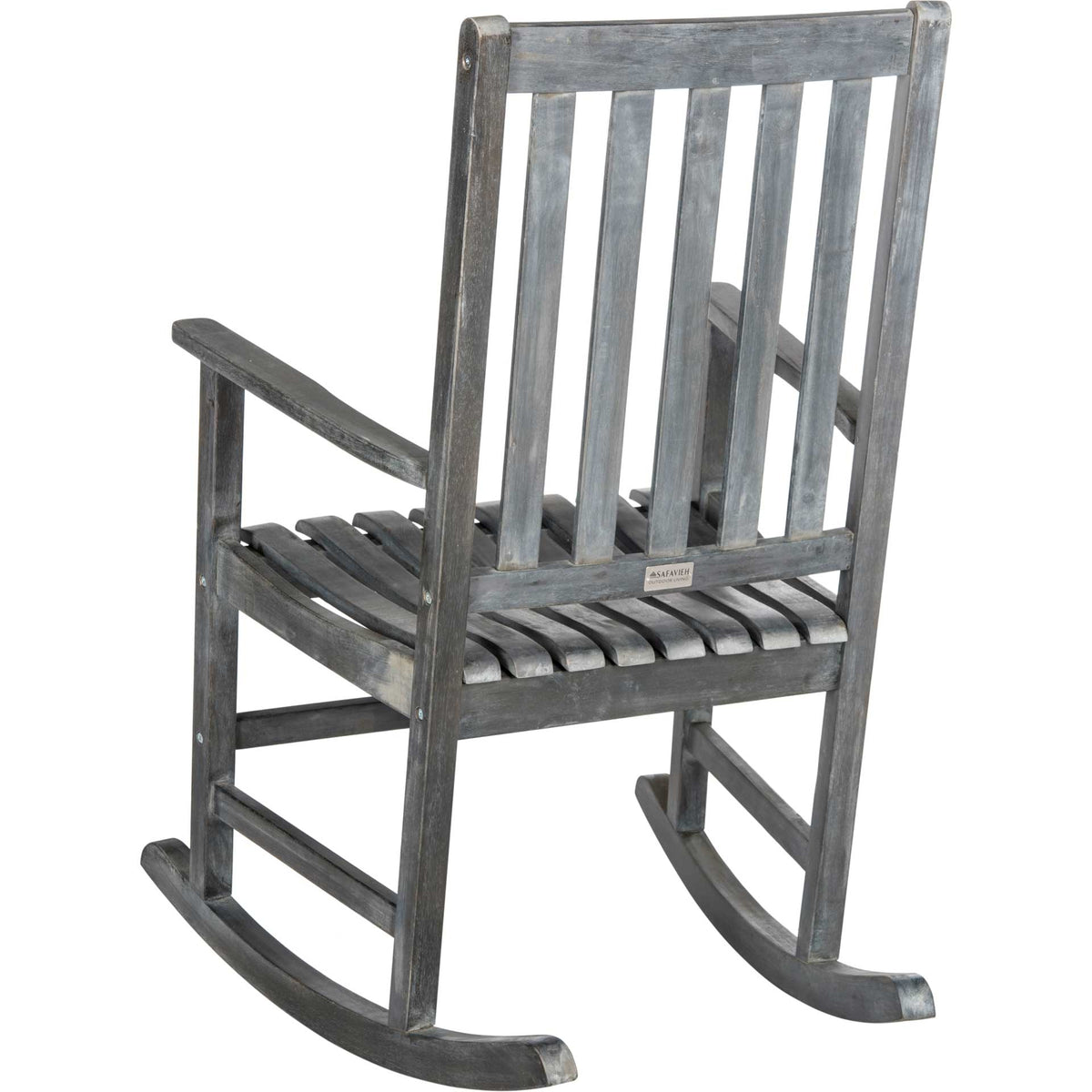 Open back slats, supportive crossbars, and sweeping runners shape this ash gray wood rocker.