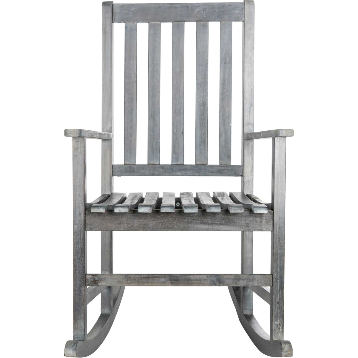 This ash gray rocking chair offers a tall slatted back, straight arms, and an airy open seat. || PAT6707B || front_studio