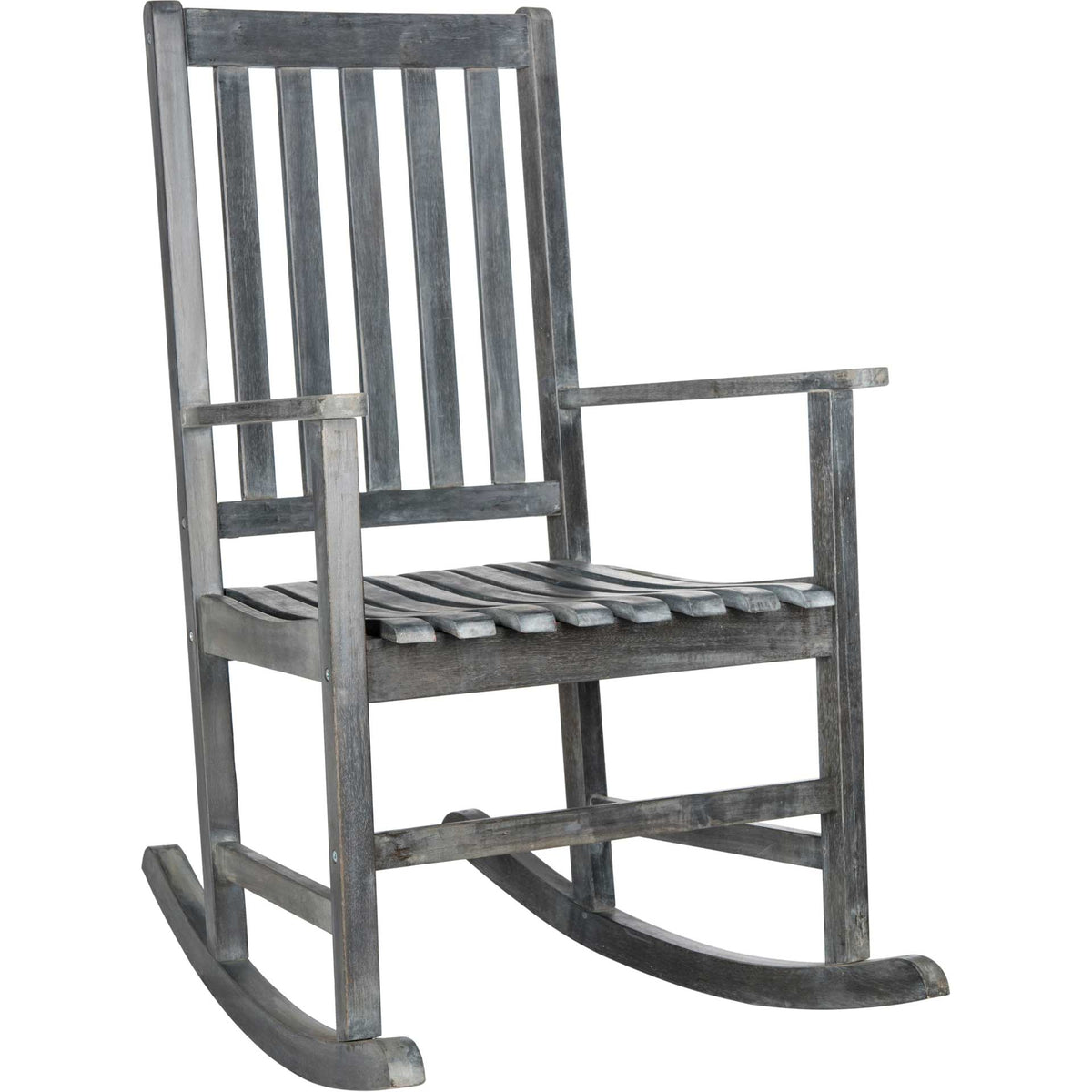 Weathered ash gray acacia wood pairs a slatted seat and tall back with gently curved runners. || PAT6707B || front_angle_studio