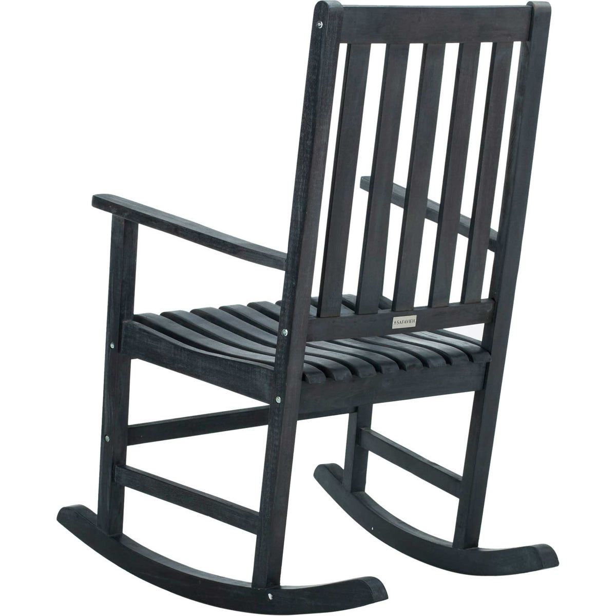 Dark slate gray acacia wood rocker features a slatted seat, straight side rails, and sweeping runners.