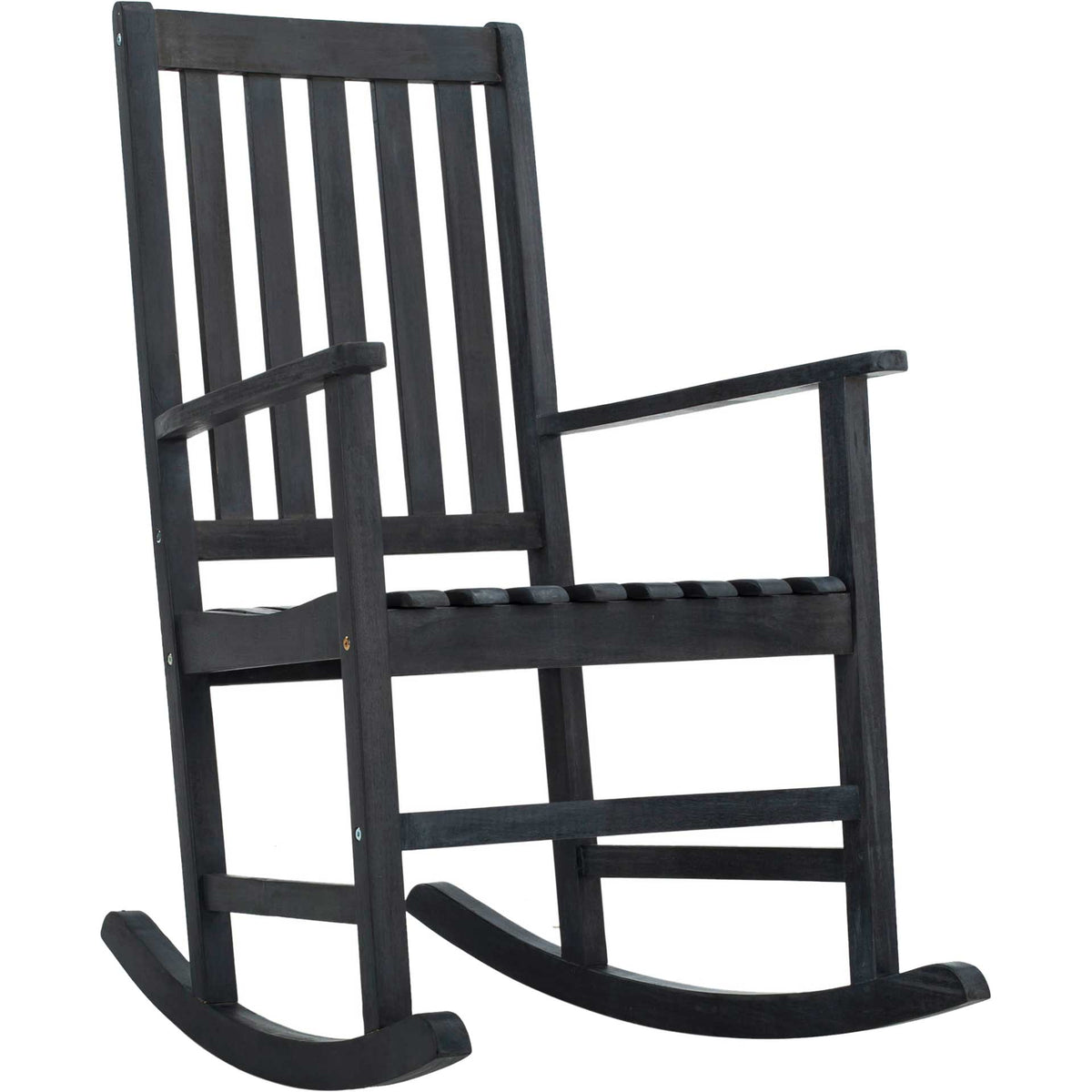 Dark slate gray acacia wood rocking chair combines slim armrests, open slats, and curved runners. || PAT6707K || front_angle_studio