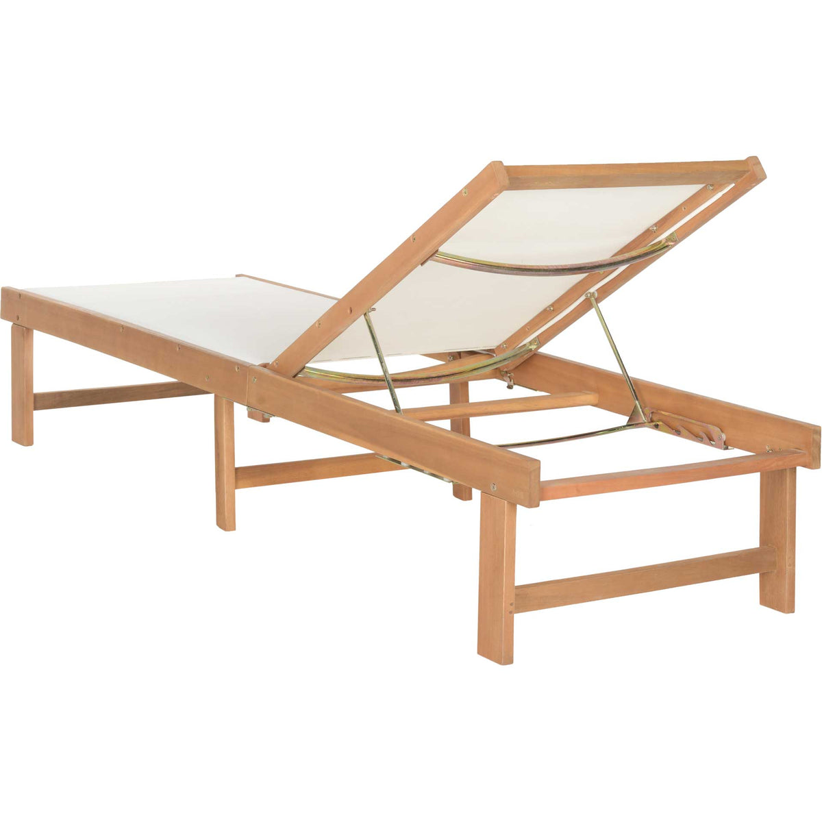 Metal braces support the adjustable white mesh backrest on a natural acacia wood chaise.
