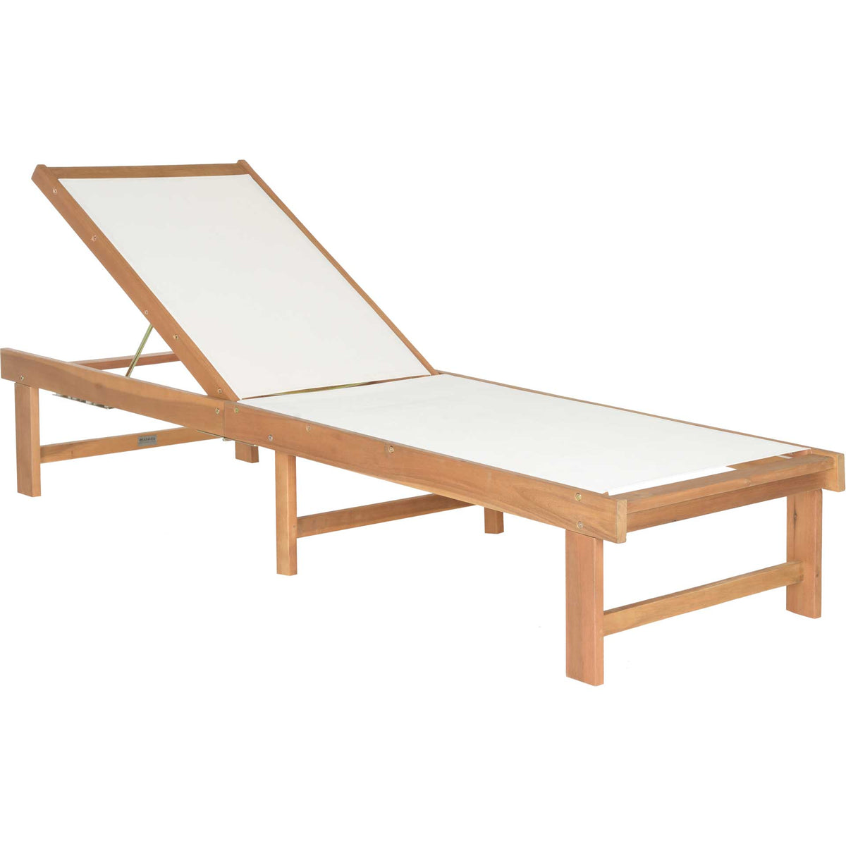 Natural acacia wood and white mesh make an airy outdoor chaise with an adjustable backrest. || PAT6708A || front_angle_studio