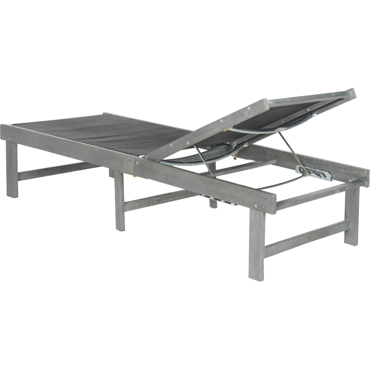 Metal braces support the adjustable mesh backrest on an ash gray wood chaise.