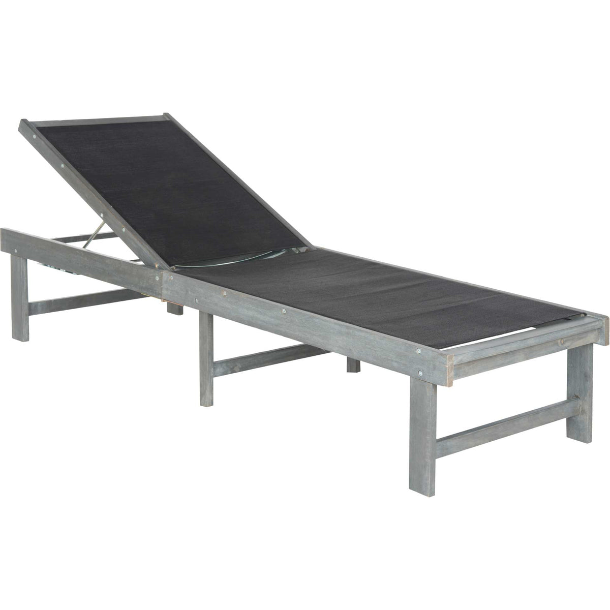 Ash gray acacia wood frames a charcoal mesh chaise with an adjustable backrest. || PAT6708B || front_angle_studio