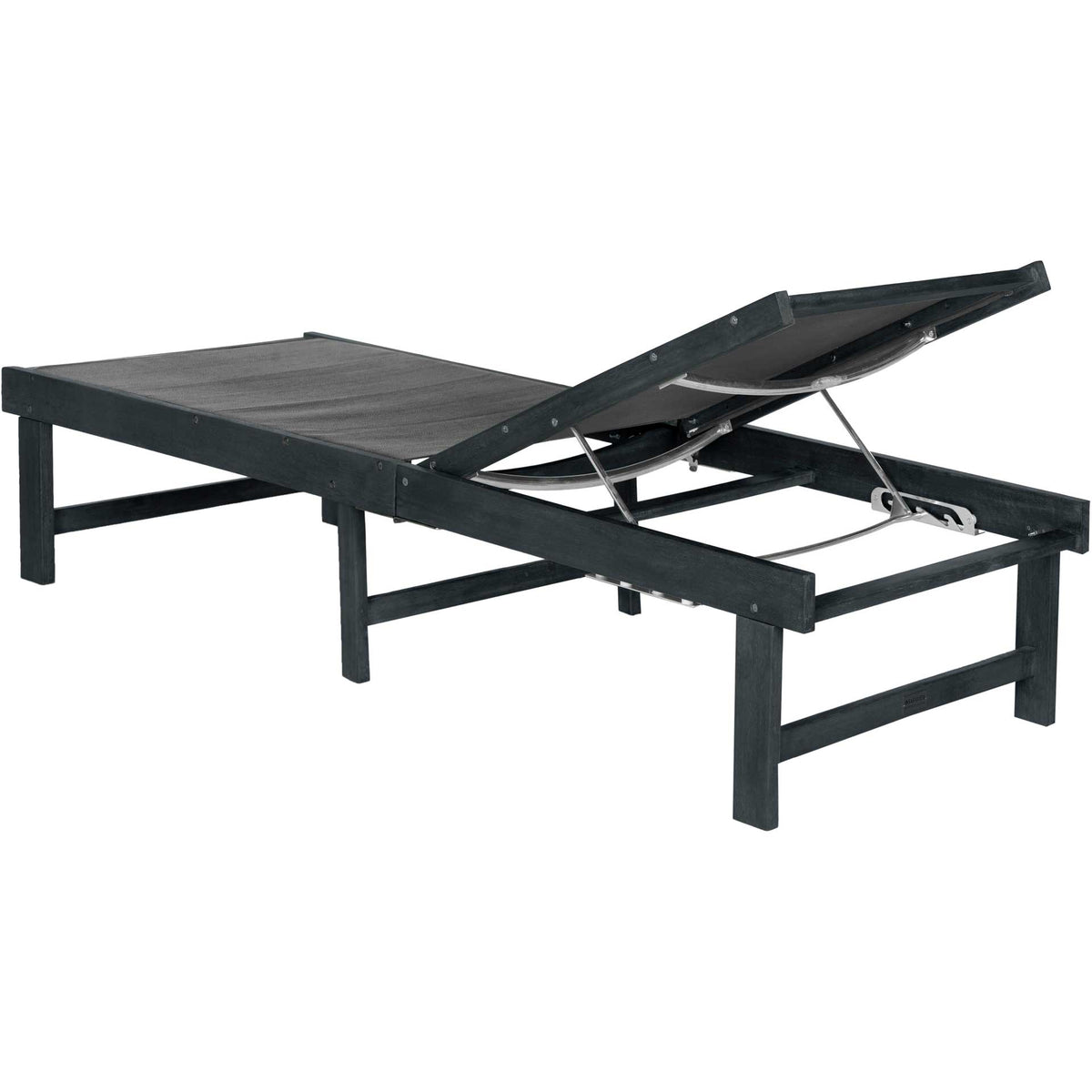 Metal braces support the mesh backrest above a dark slate gray wood frame.