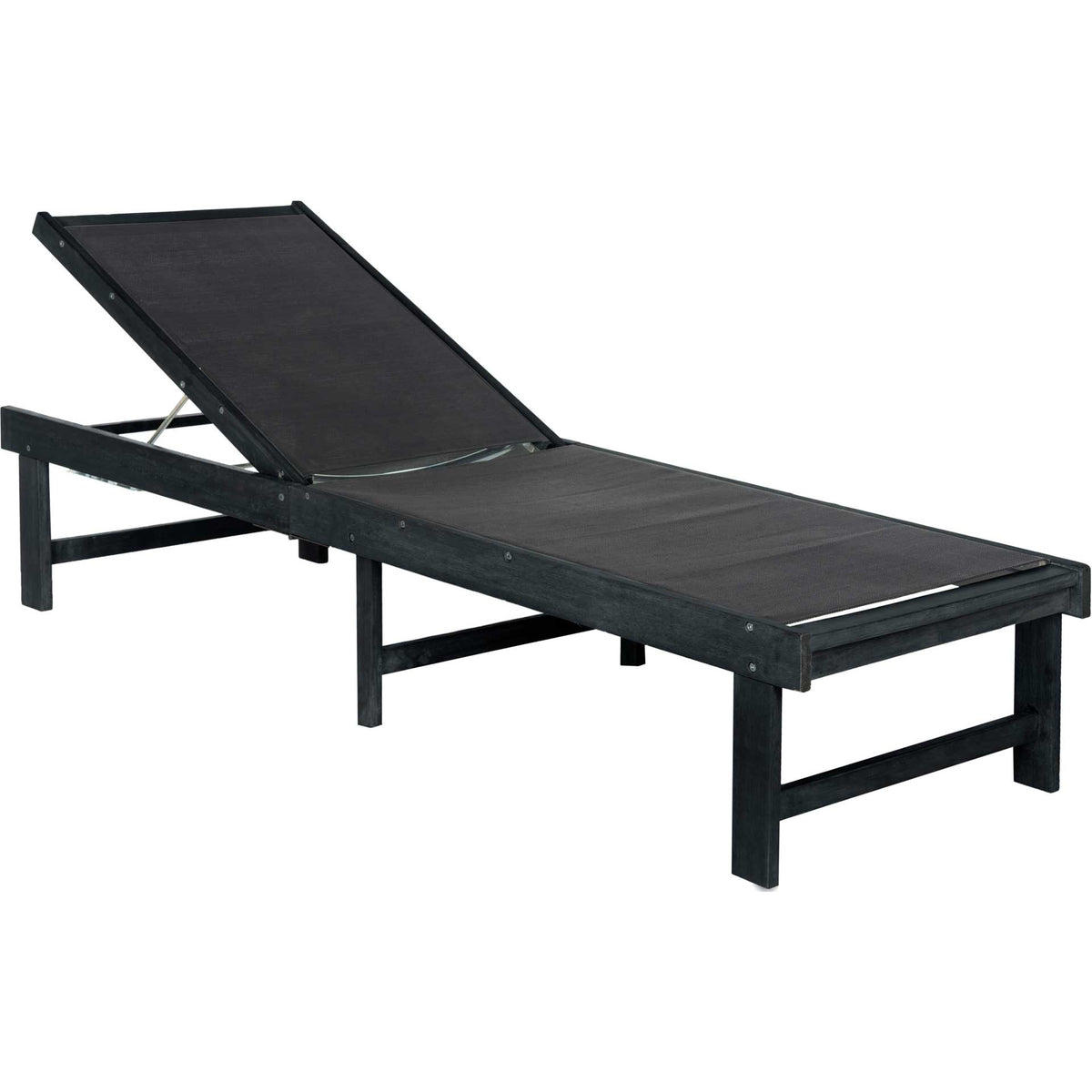A dark slate gray wood frame supports a charcoal mesh seat and adjustable backrest. || PAT6708K || front_angle_studio
