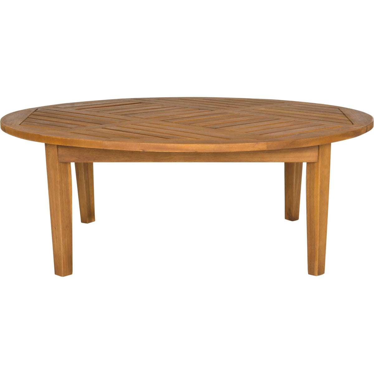 Round outdoor coffee table pairs a natural wood finish with a slatted top and four tapered legs || PAT6715A || front_studio