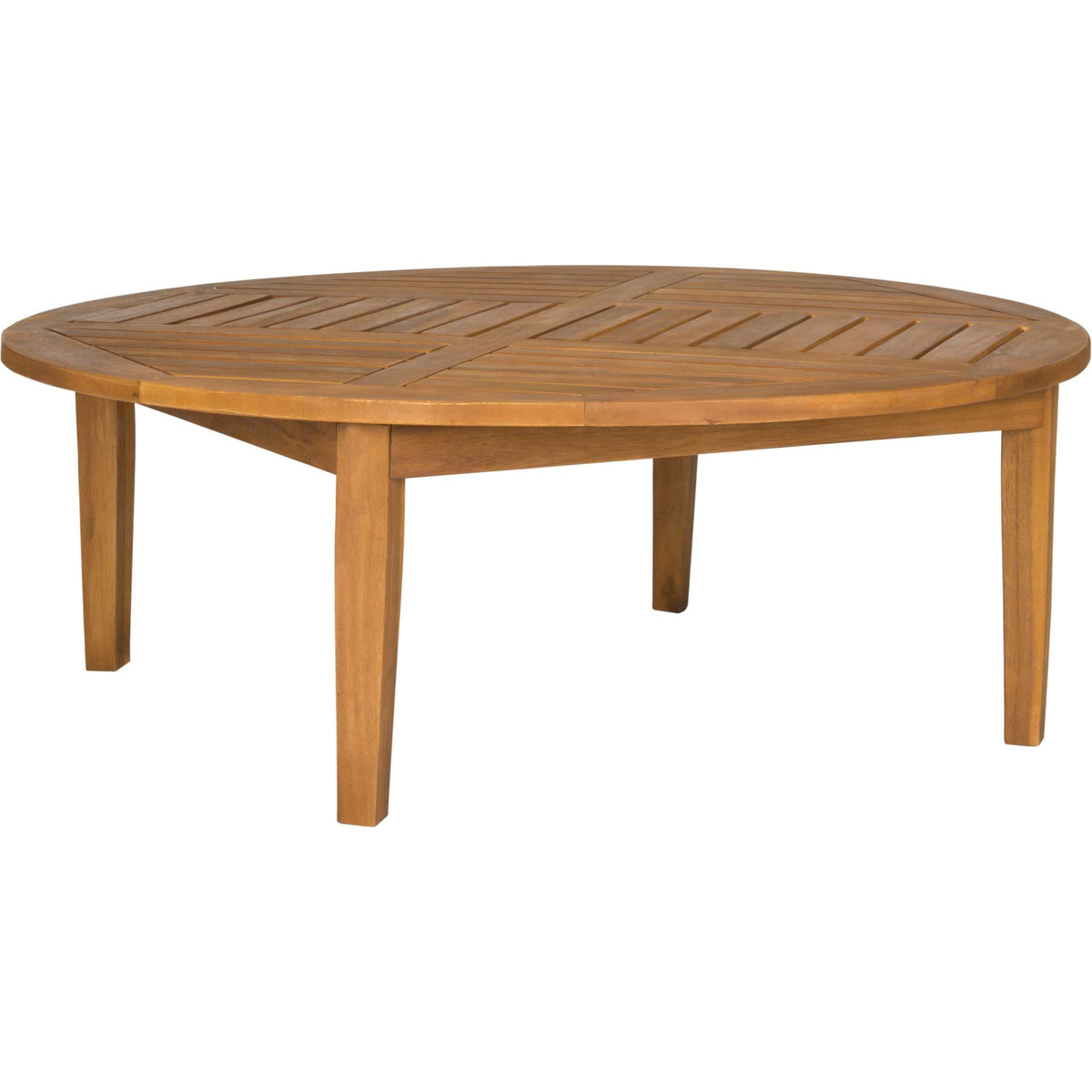 Low-profile acacia wood cocktail table with a round slatted top and tapered legs || PAT6715A || side_studio