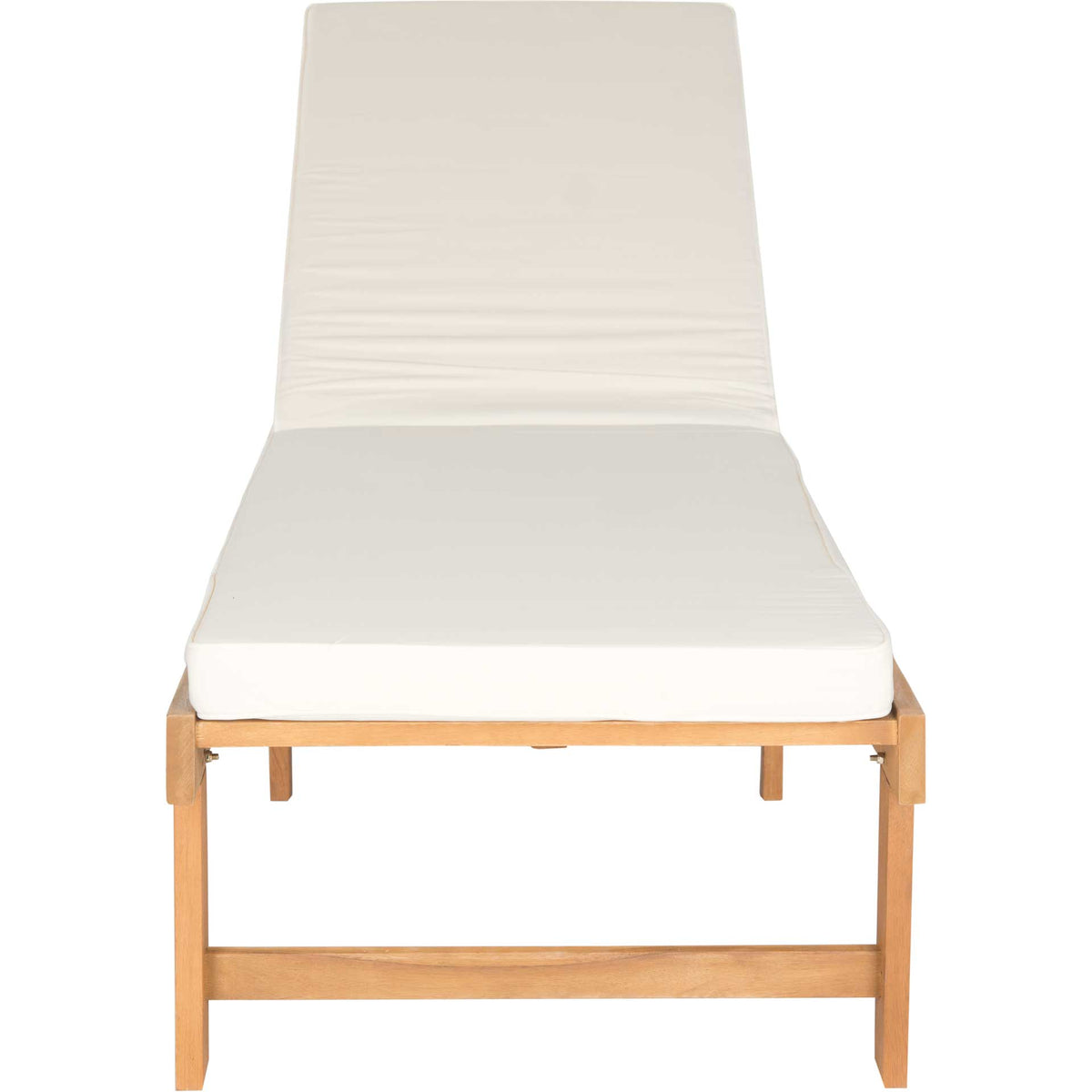 A thick beige cushion rests on a natural acacia chaise with a raised backrest. || PAT6723A || front_studio