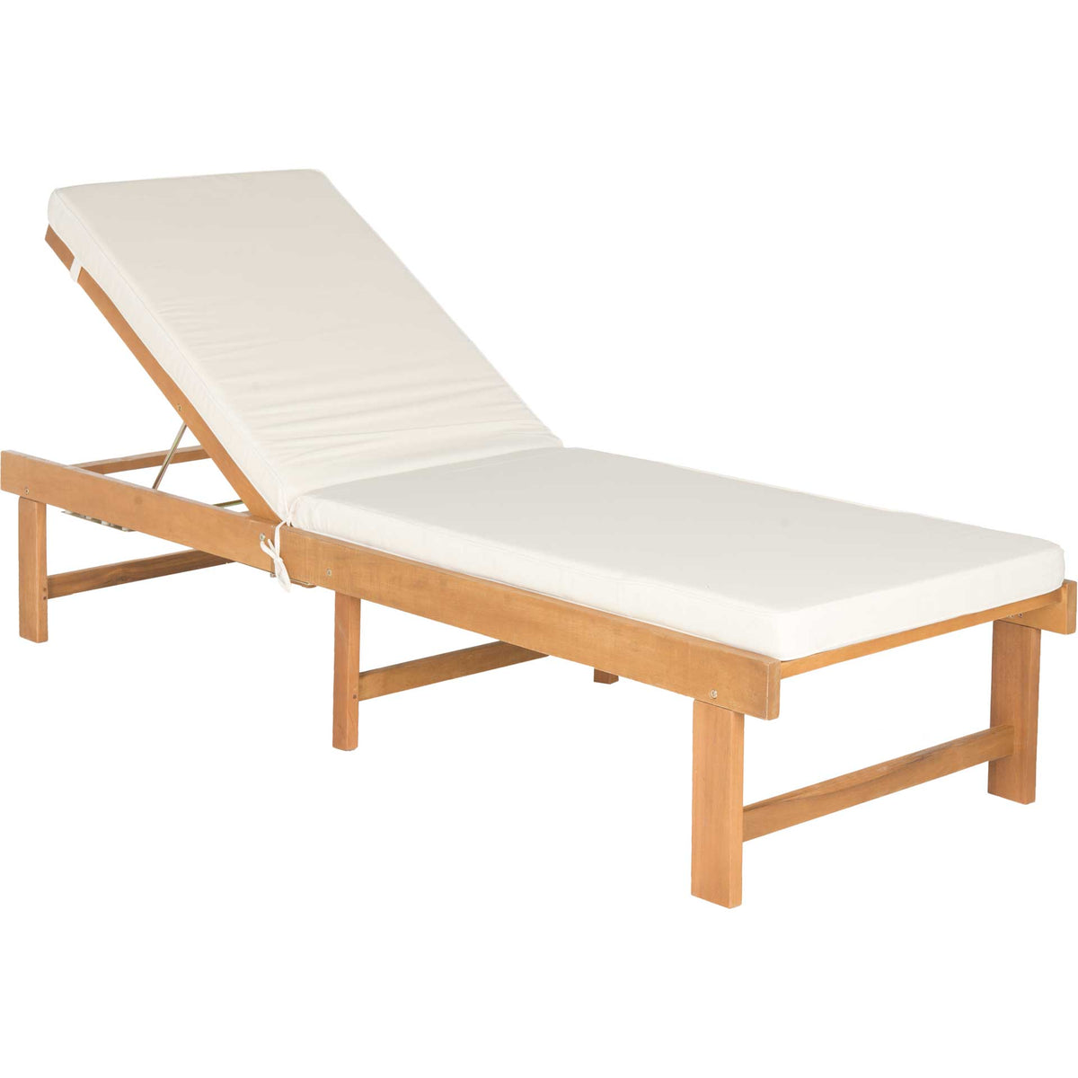 Warm acacia wood and a plush beige cushion bring relaxed comfort to this adjustable chaise. || PAT6723A || front_angle_studio