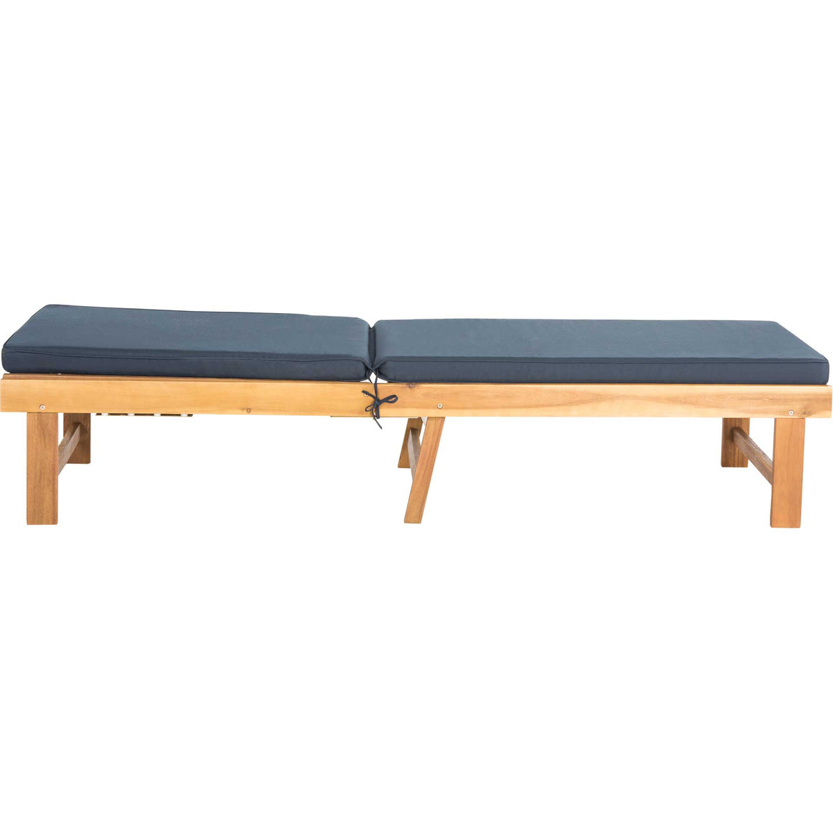 With its backrest lying flat, this acacia chaise offers a long, navy-cushioned surface.