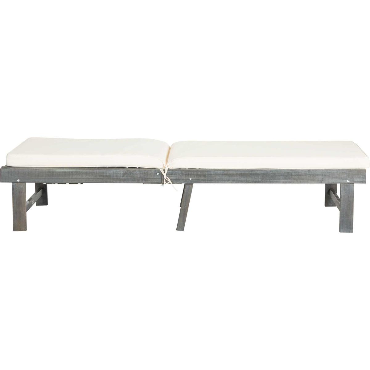 A full-length beige cushion tops this ash gray wood chaise with its backrest reclined flat.