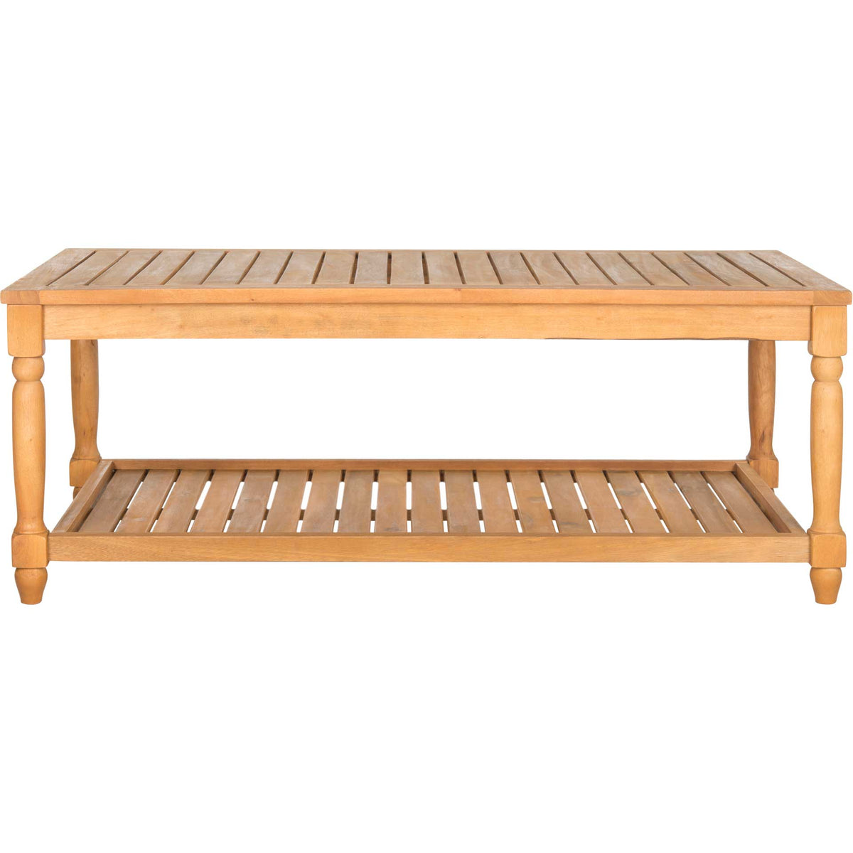 Natural acacia coffee table combines a slatted tabletop, open shelf, and turned legs. || PAT6726A || front_studio