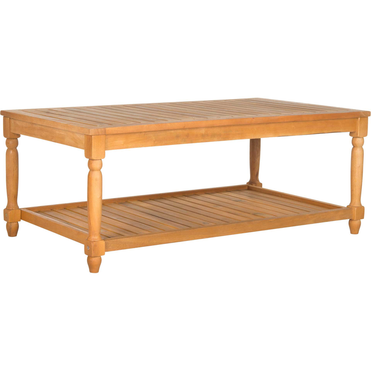 Warm natural wood highlights the slatted top, roomy lower shelf, and traditional turned legs. || PAT6726A || front_angle_studio