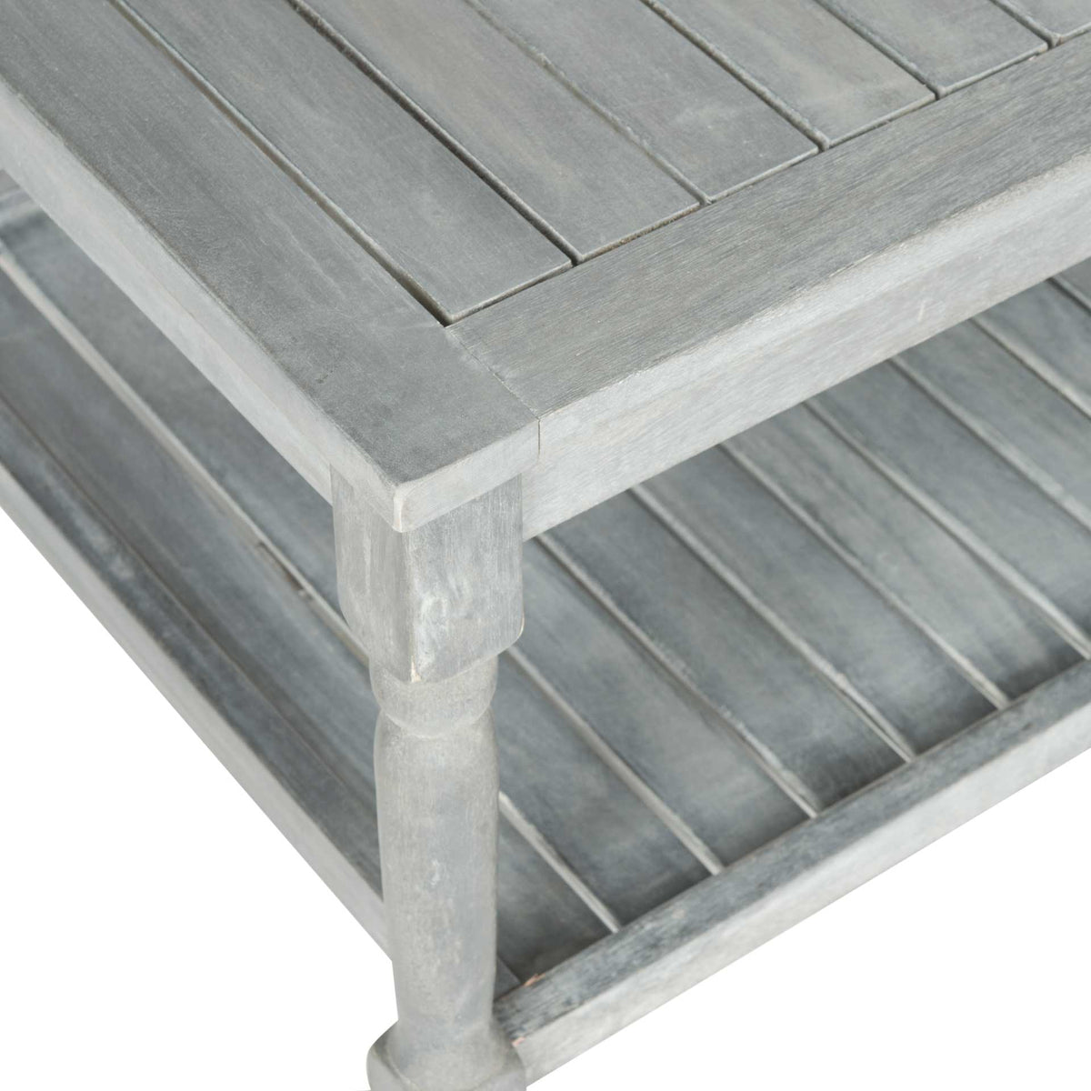 Ash gray wood grain accents the slatted tabletop, lower shelf, and turned corner leg.