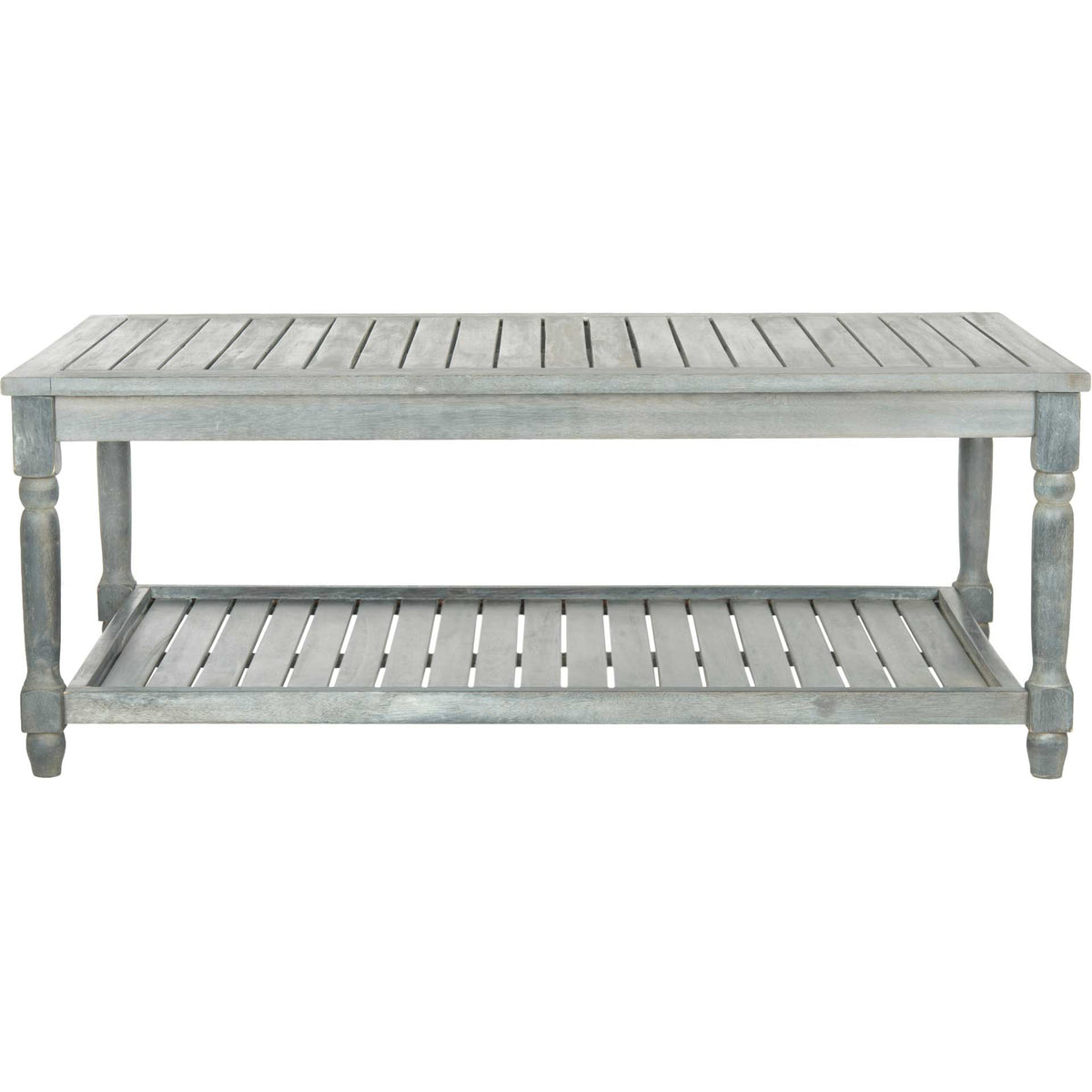 Ash gray acacia coffee table offers a slatted top, open lower shelf, and turned legs. || PAT6726B || front_studio