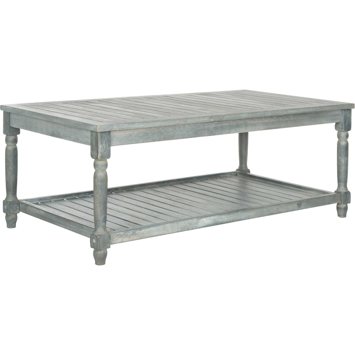 Weathered ash gray wood and turned legs give this slatted outdoor coffee table cottage charm. || PAT6726B || front_angle_studio