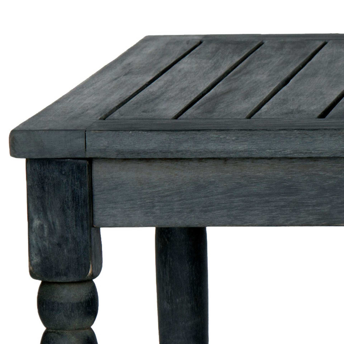 Dark slate gray slats meet a sturdy corner post and softly rounded leg.