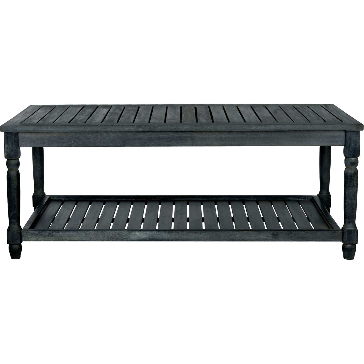 Dark slate gray coffee table features a slatted top and lower shelf framed by turned legs. || PAT6726K || front_studio